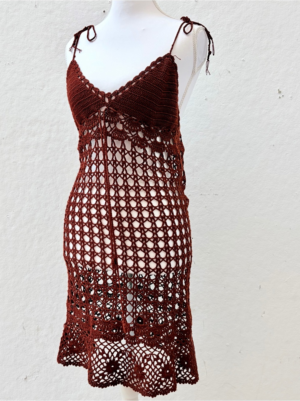 Vintage Handmade Crochet Slip Dress in Deep Brown